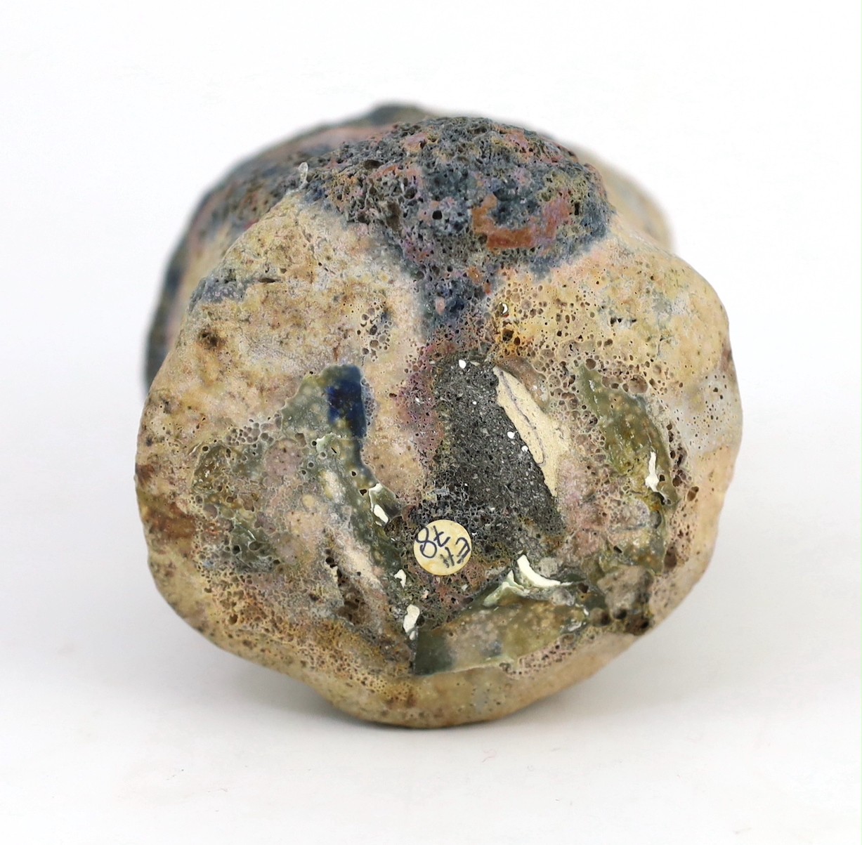 Ewen Henderson (1934-2000), a hand-built mixed laminated clay unomi, 9.7cm across 10cm high